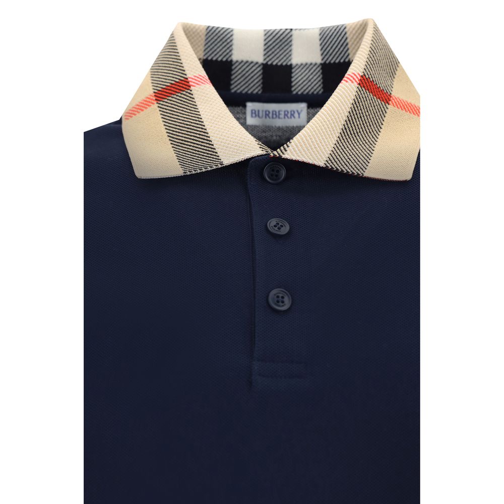 Burberry — Polo Cody bleu en coton à manches longues avec col Archive Check
