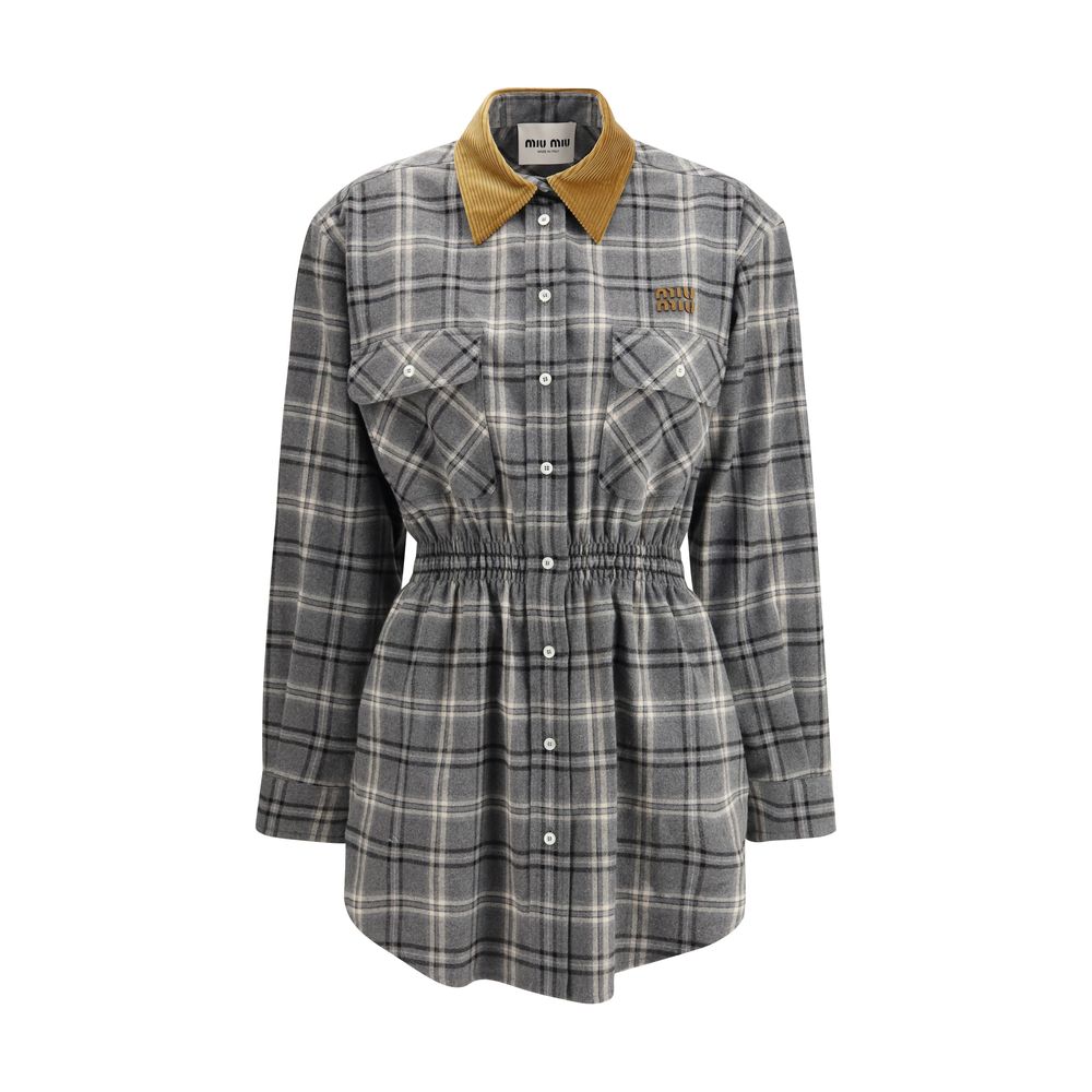 Miu Miu — Mini-robe grise en flanelle de coton esprit tailoring rétro
