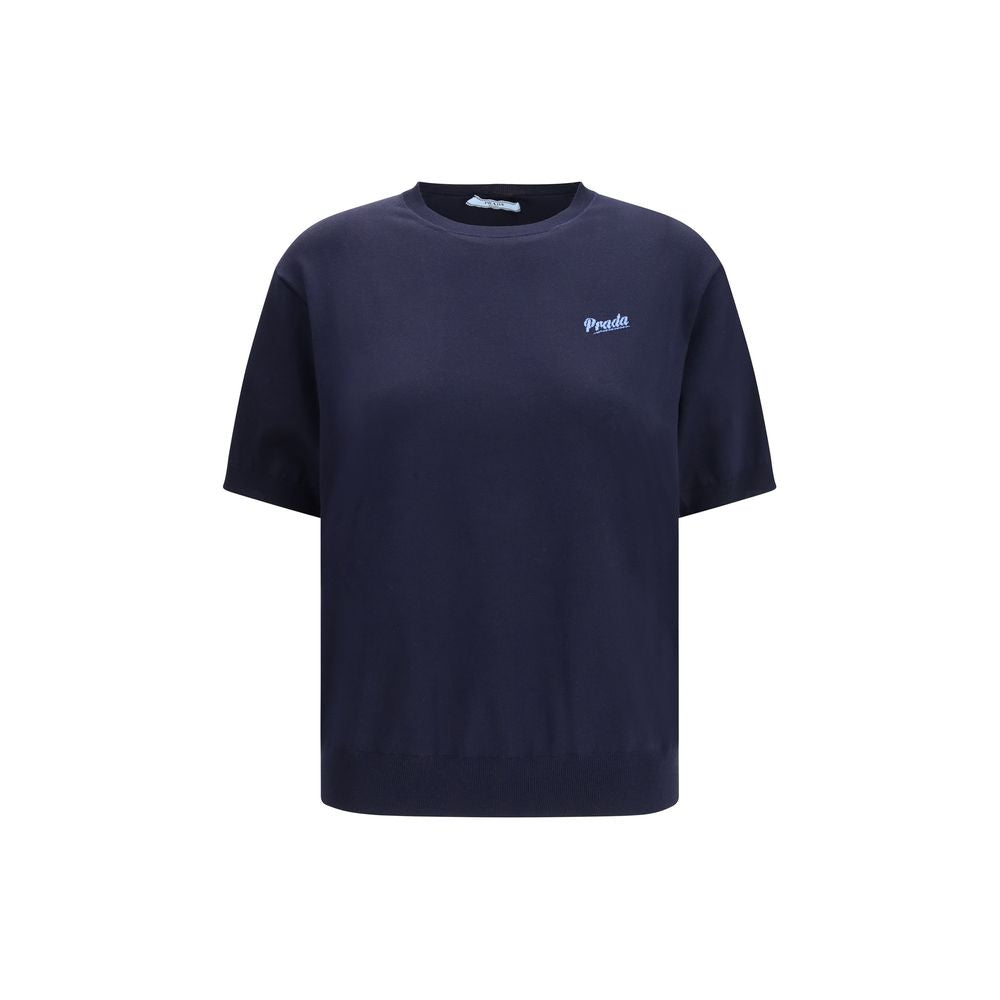 Prada — Sweatshirt en soie bleu avec logo brodé contrasté