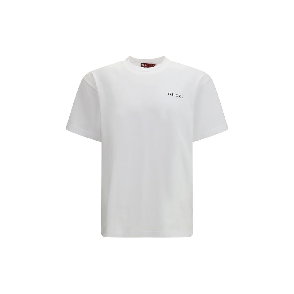 Gucci — T-shirt blanc en coton avec logo frontal et broderies au dos