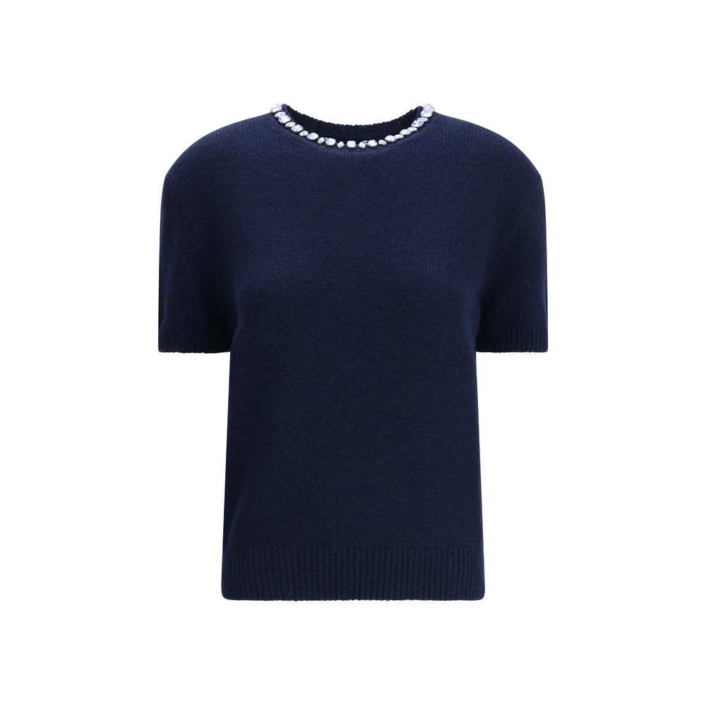 Prada — Sweatshirt bleu en laine et cachemire avec col orné de cristaux