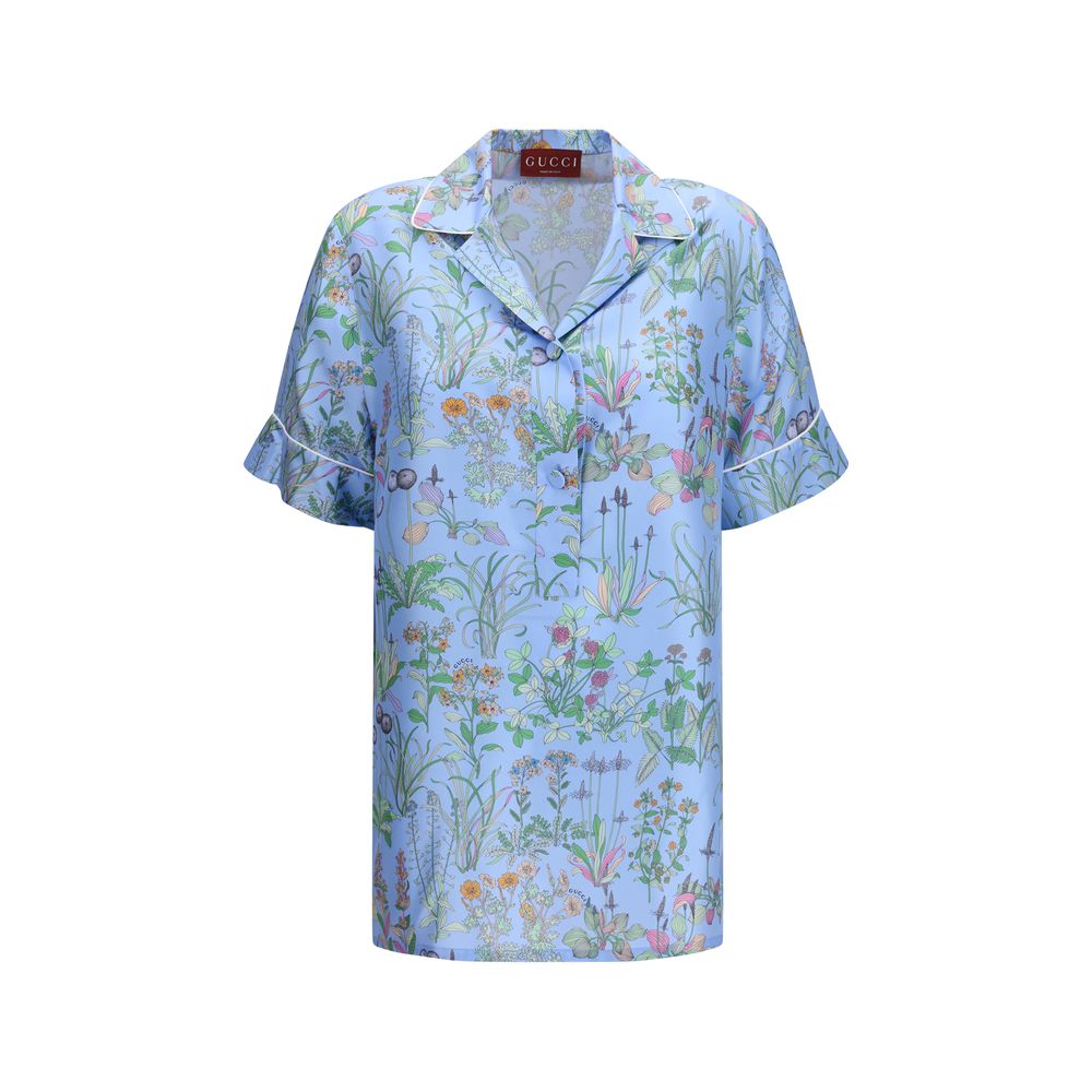 Gucci – Chemise en twill de soie imprimé floral avec col ouvert