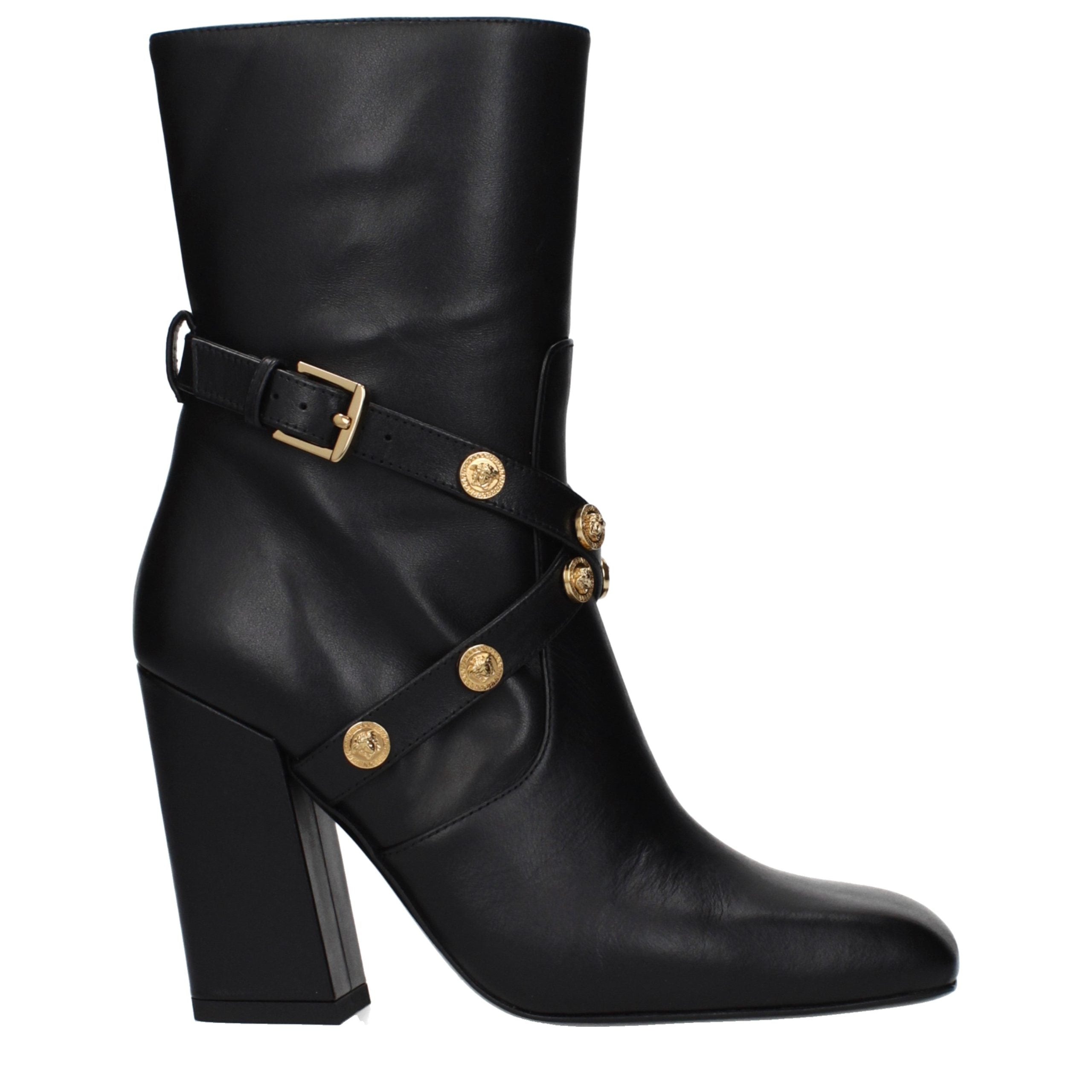 Versace – Bottines en cuir noir à talon haut et bout carré