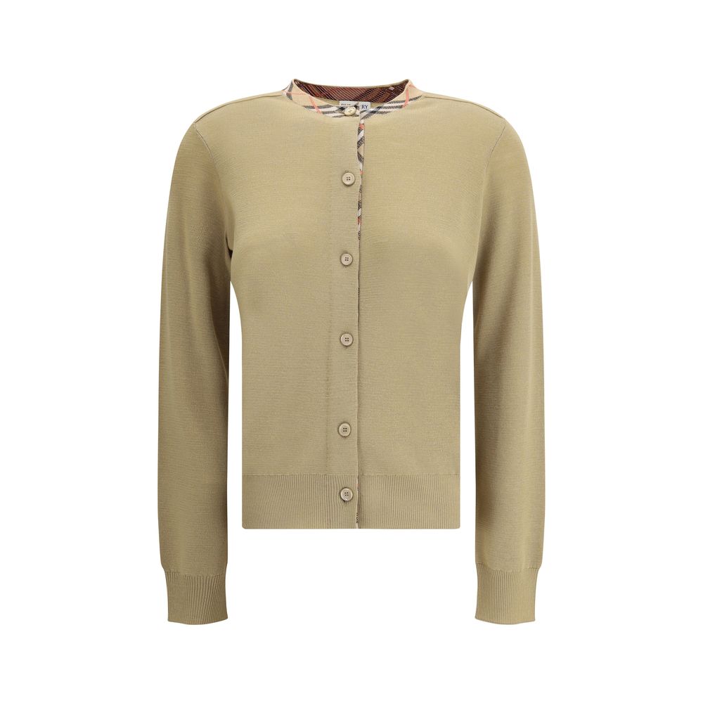 Burberry — Cardigan en laine marron avec col Archivio Check