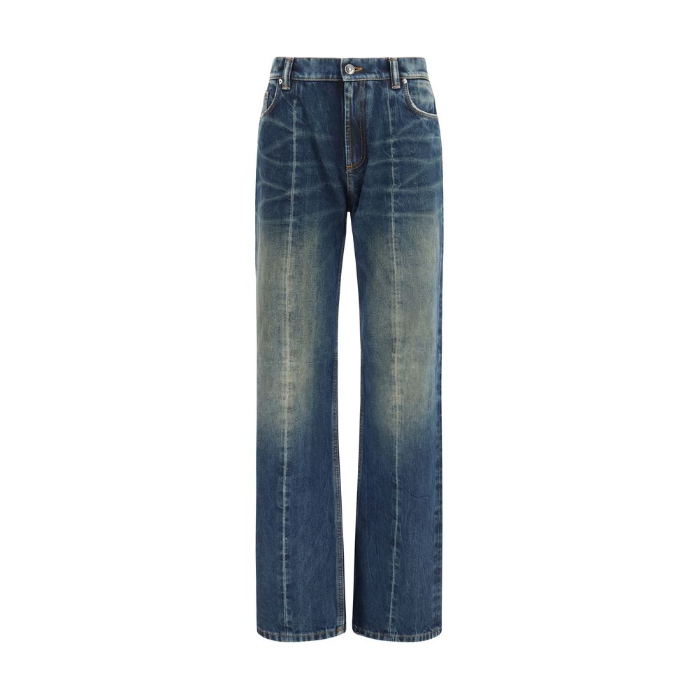 Versace — Jean droit en coton bleu effet usé avec détail Medusa