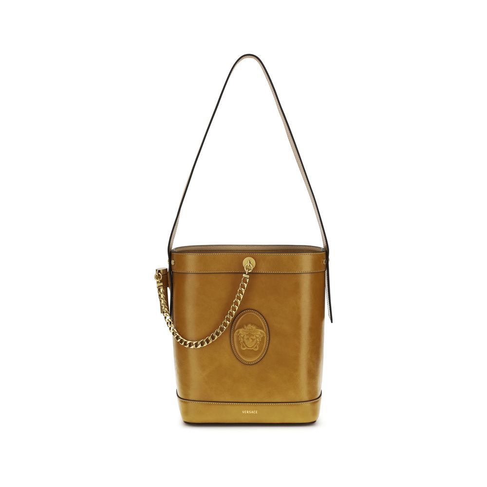 Versace — Sac seau Pivot en cuir de veau marron avec détail Medusa Cameo