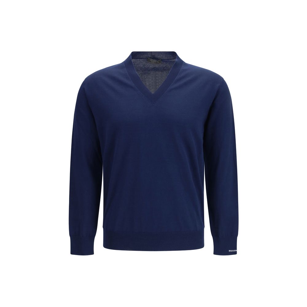 Prada – Pull col V en coton avec finitions côtelées
