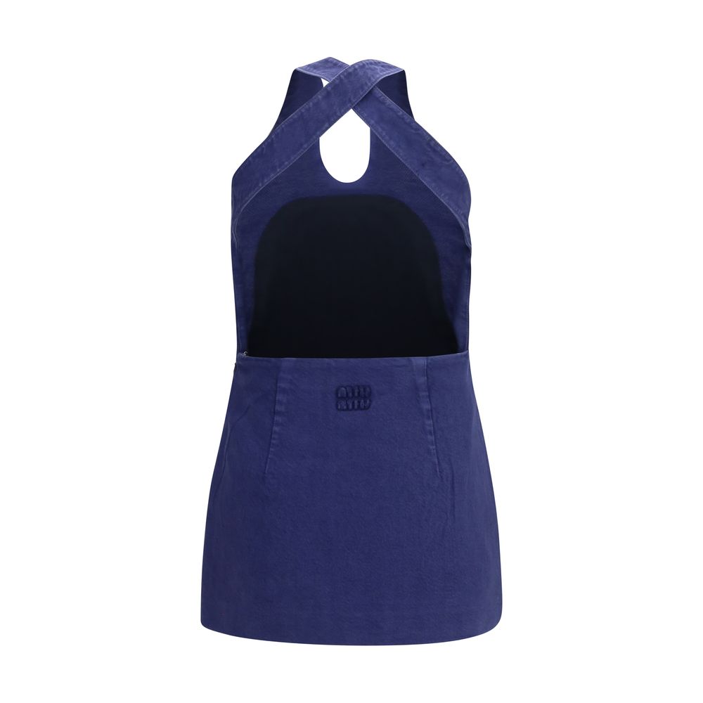 Miu Miu — Robe courte en coton bleu à encolure halter