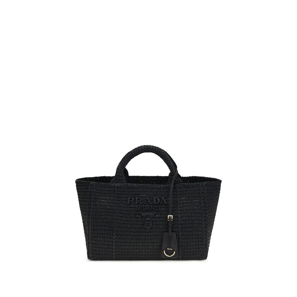 Prada — Sac tote en crochet noir effet raphia avec pochette amovible