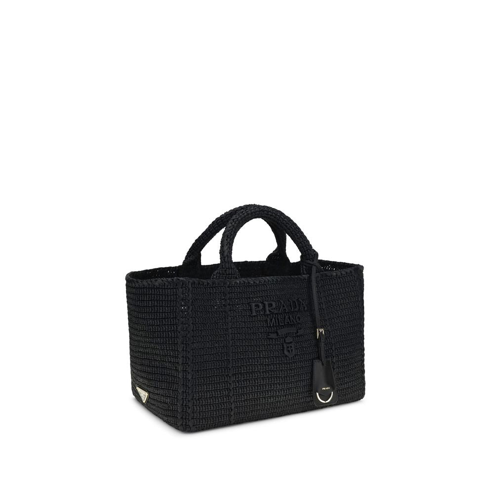 Prada — Sac tote en crochet noir effet raphia avec pochette amovible