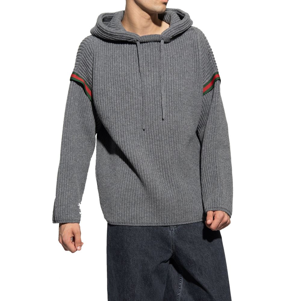 Gucci — Sweatshirt à capuche en cachemire et laine gris avec détail Web