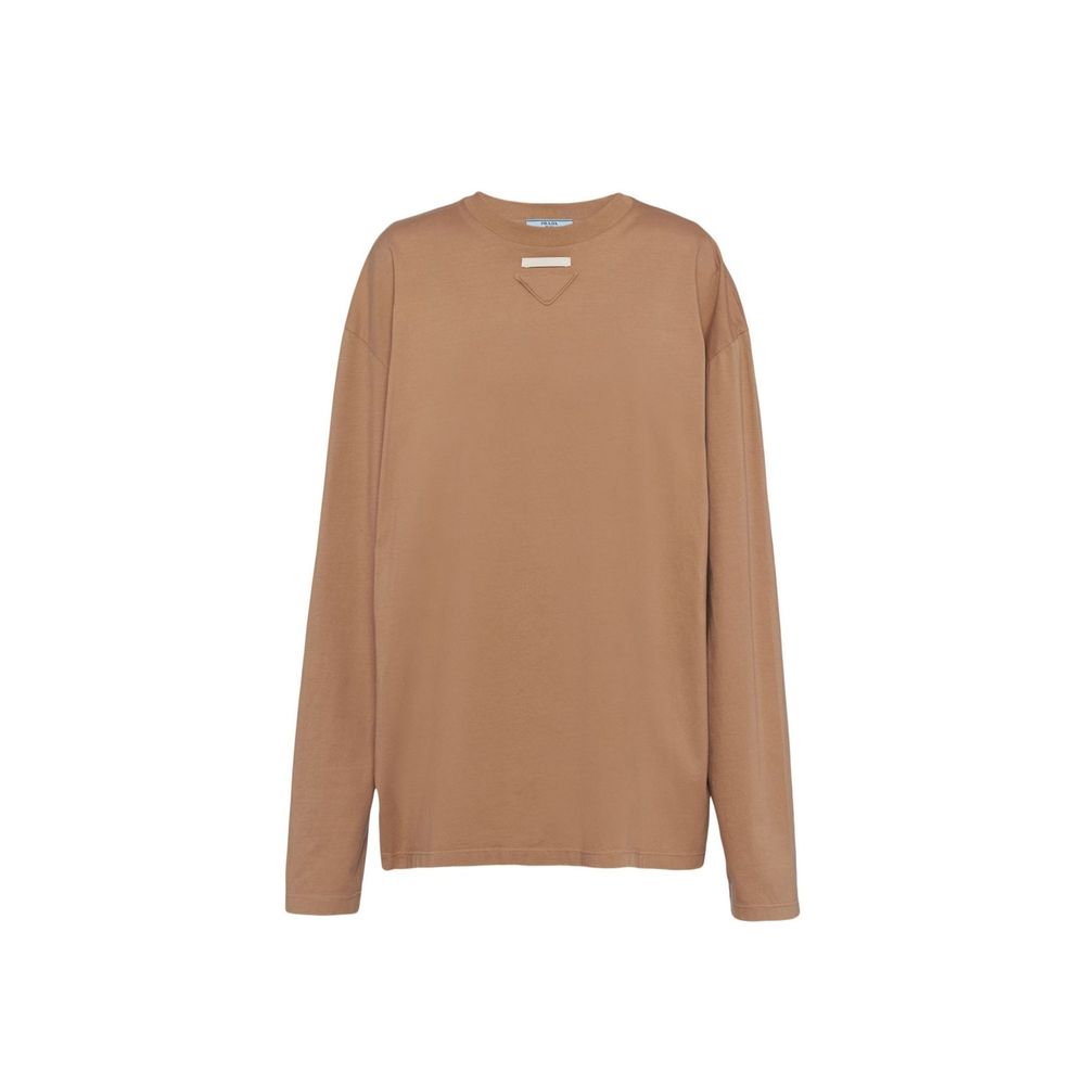 Prada — T-shirt manches longues en coton marron avec patch triangle