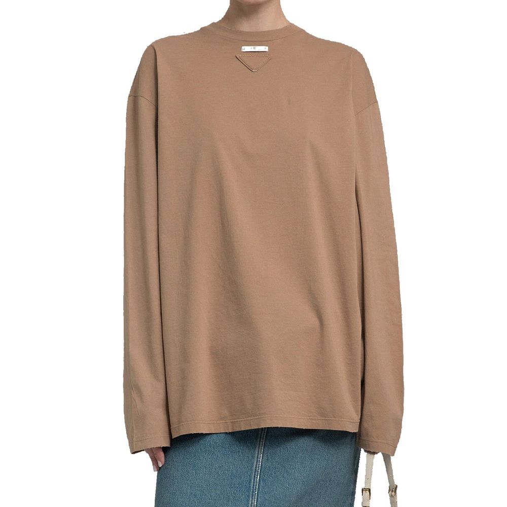 Prada — T-shirt manches longues en coton marron avec patch triangle