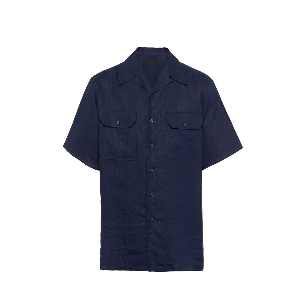 Prada — Chemise en lin bleu à manches courtes avec col cubain