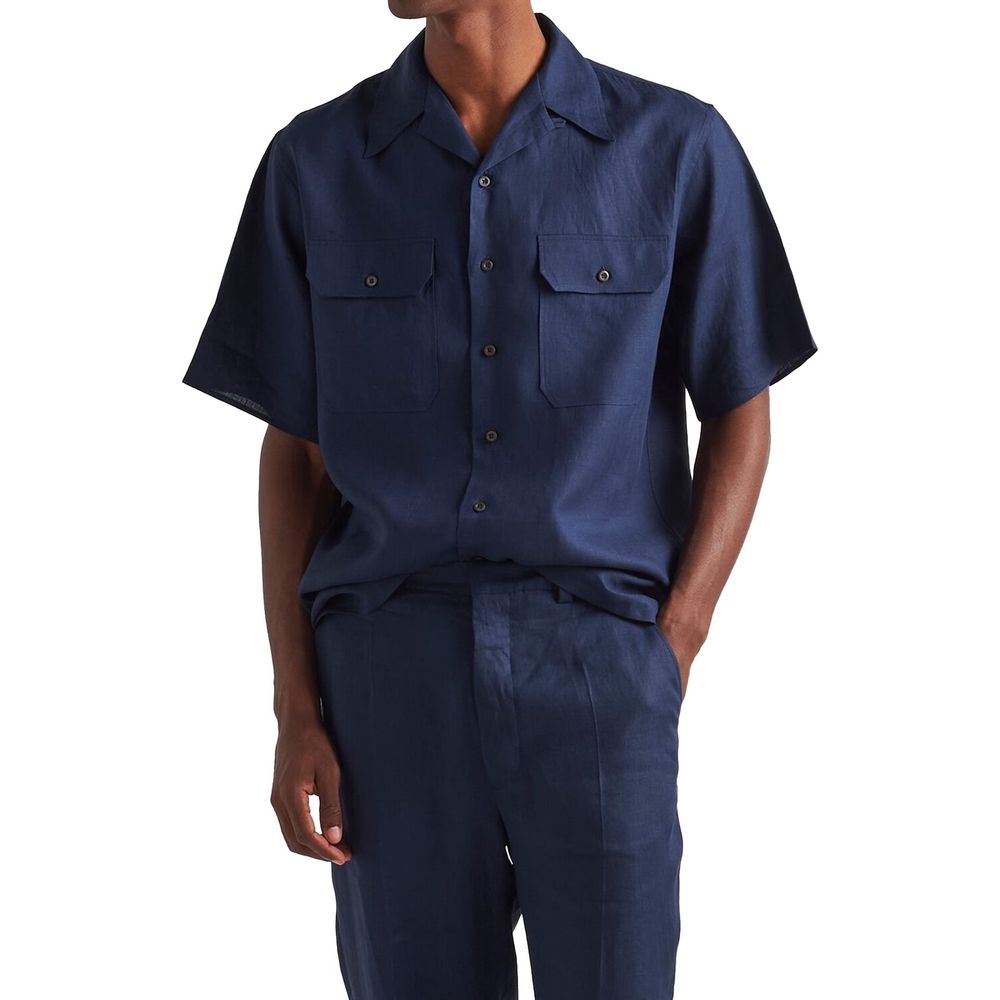 Prada — Chemise en lin bleu à manches courtes avec col cubain