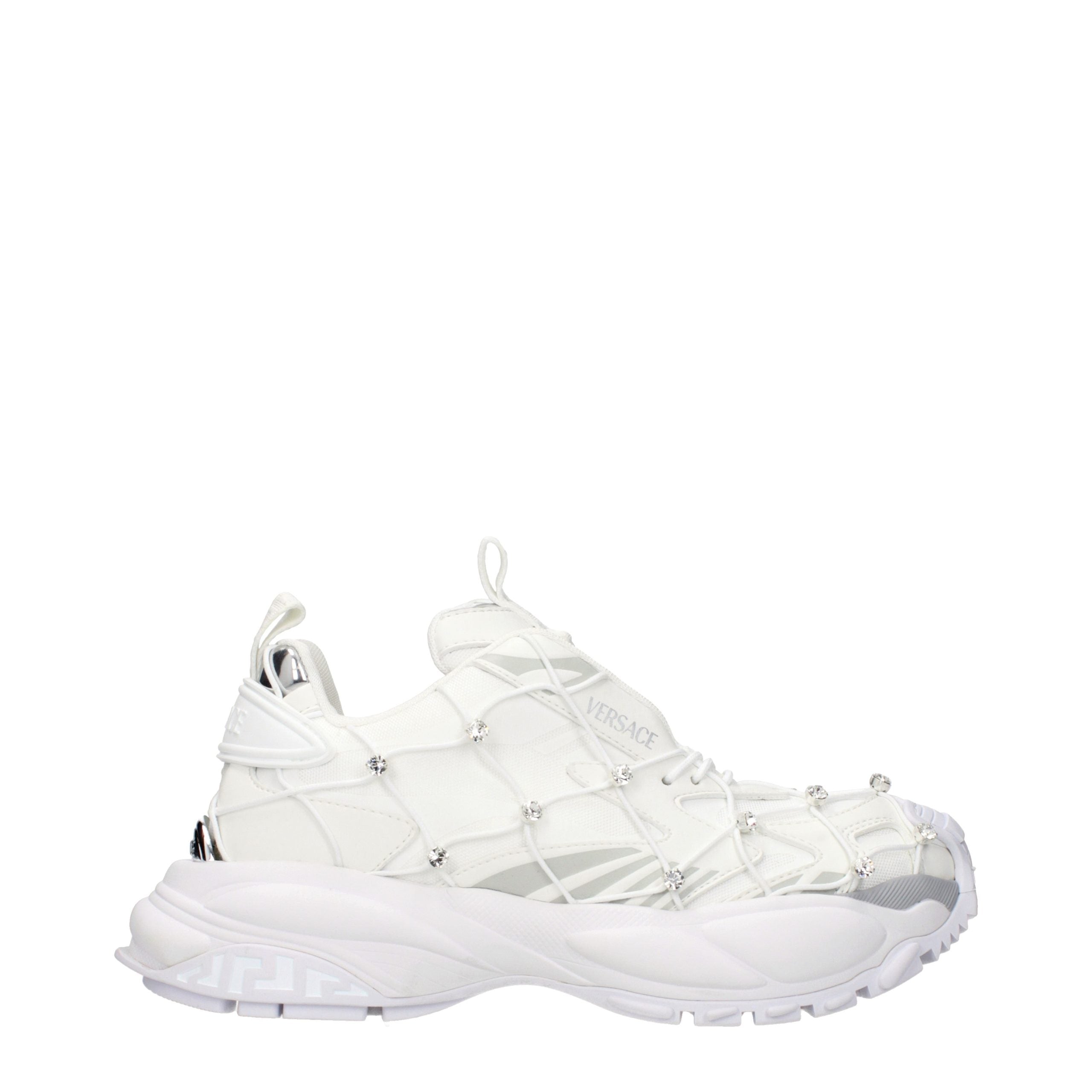 Versace – Sneakers en tissu blanc avec logos et strass