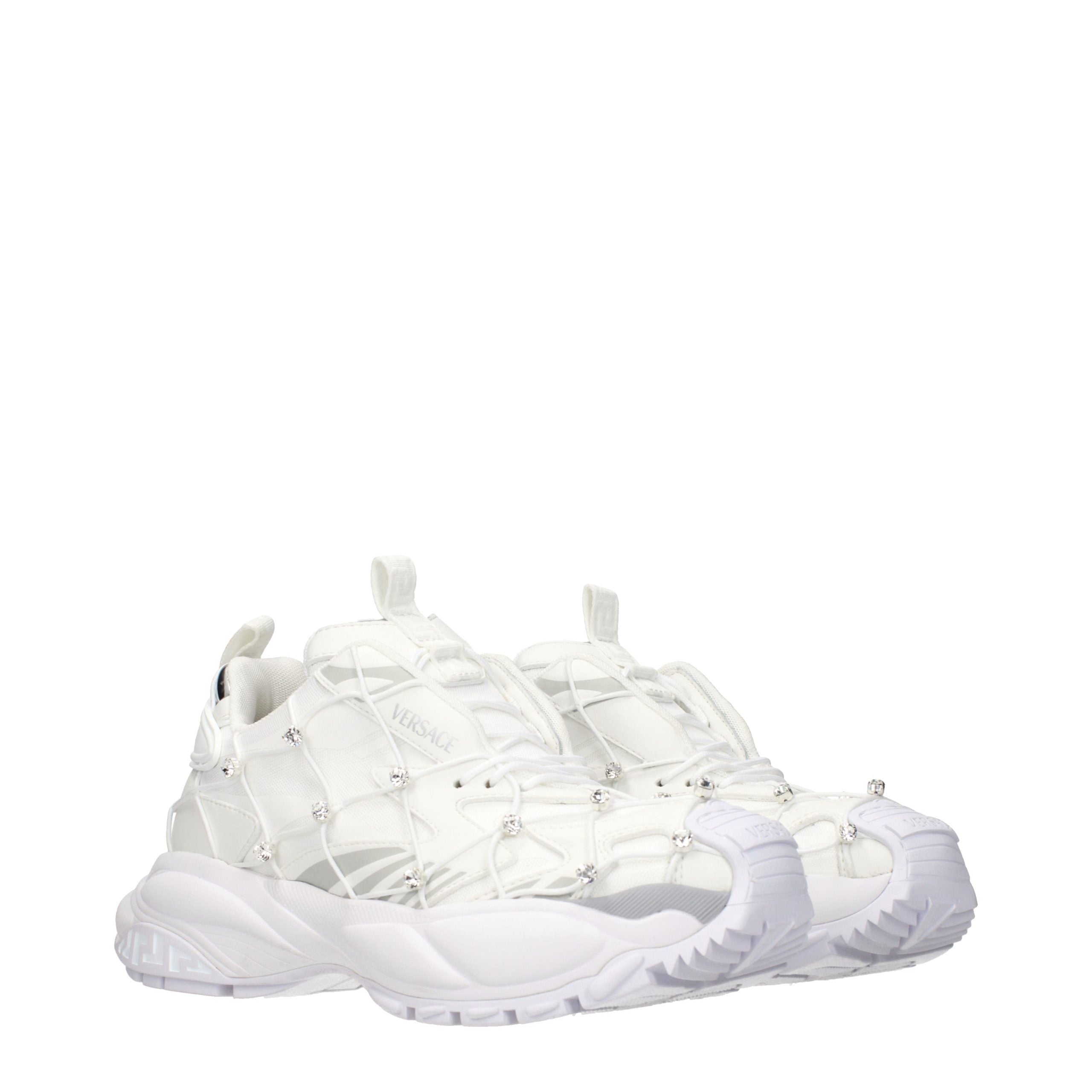 Versace – Sneakers en tissu blanc avec logos et strass