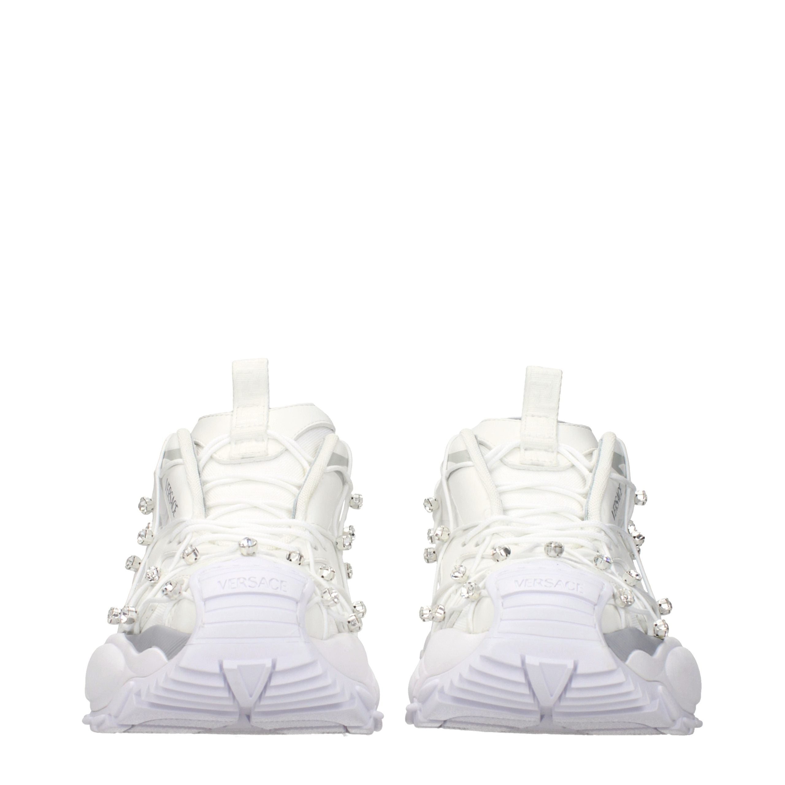 Versace – Sneakers en tissu blanc avec logos et strass