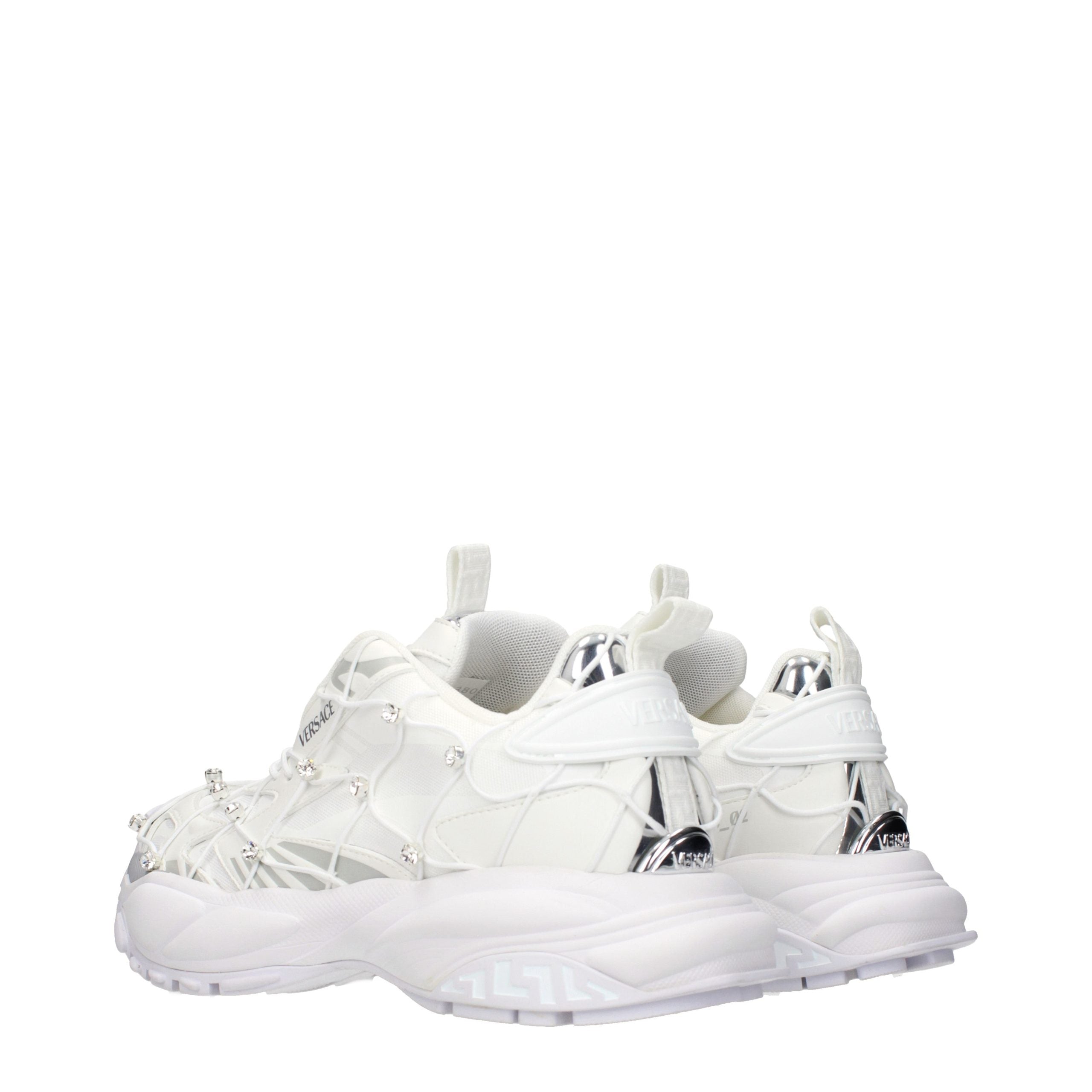 Versace – Sneakers en tissu blanc avec logos et strass