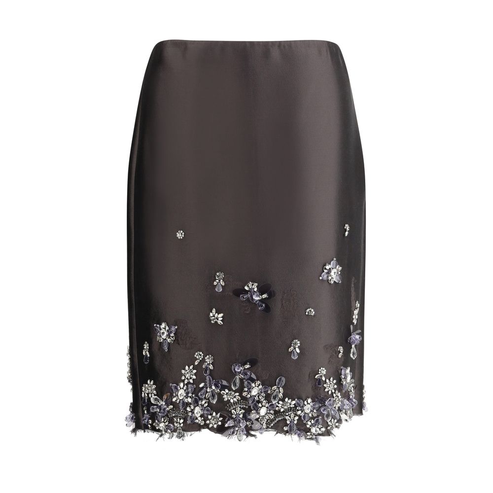 Prada – Jupe midi avec cristaux et finitions effilochées