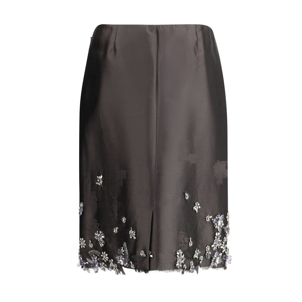 Prada – Jupe midi avec cristaux et finitions effilochées