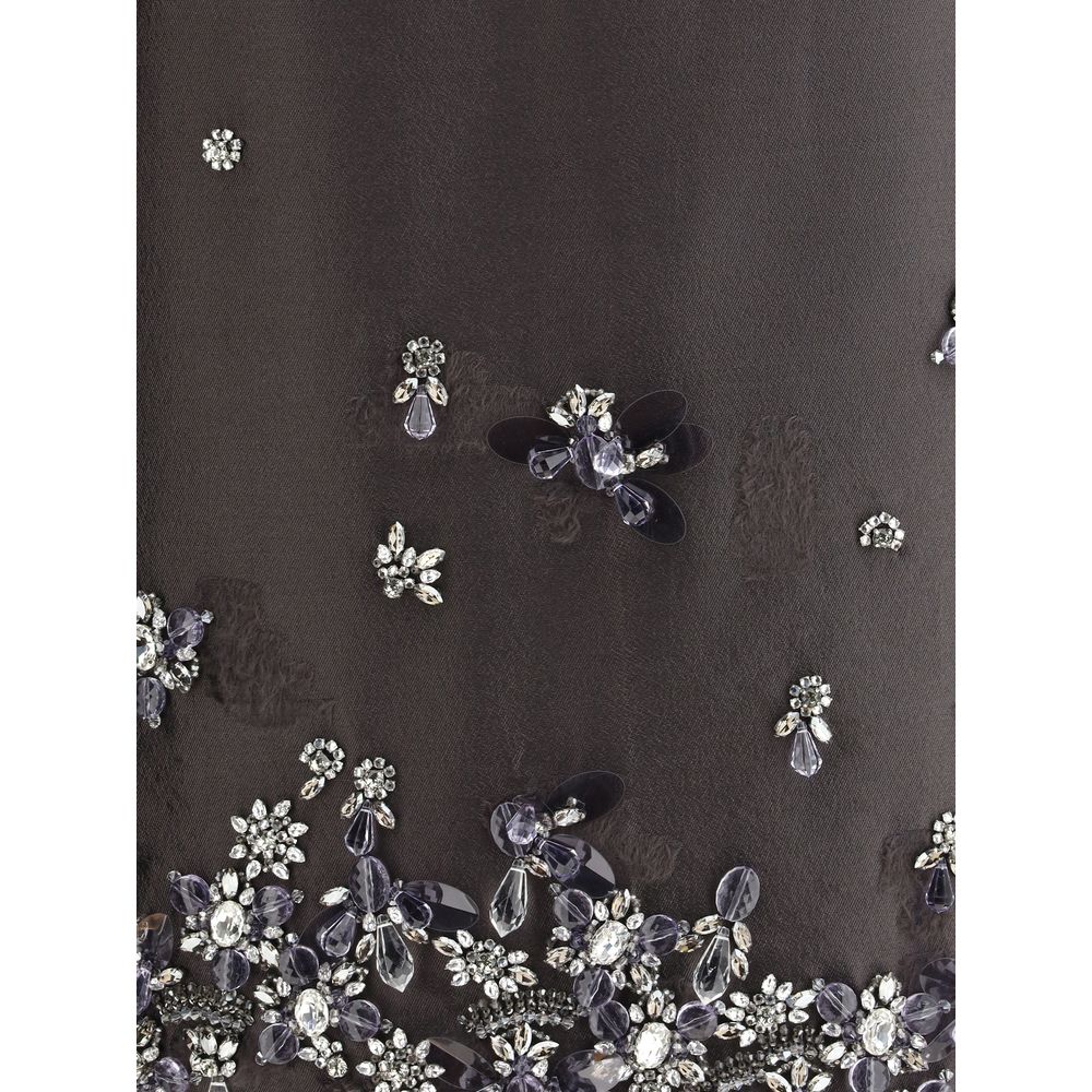 Prada – Jupe midi avec cristaux et finitions effilochées