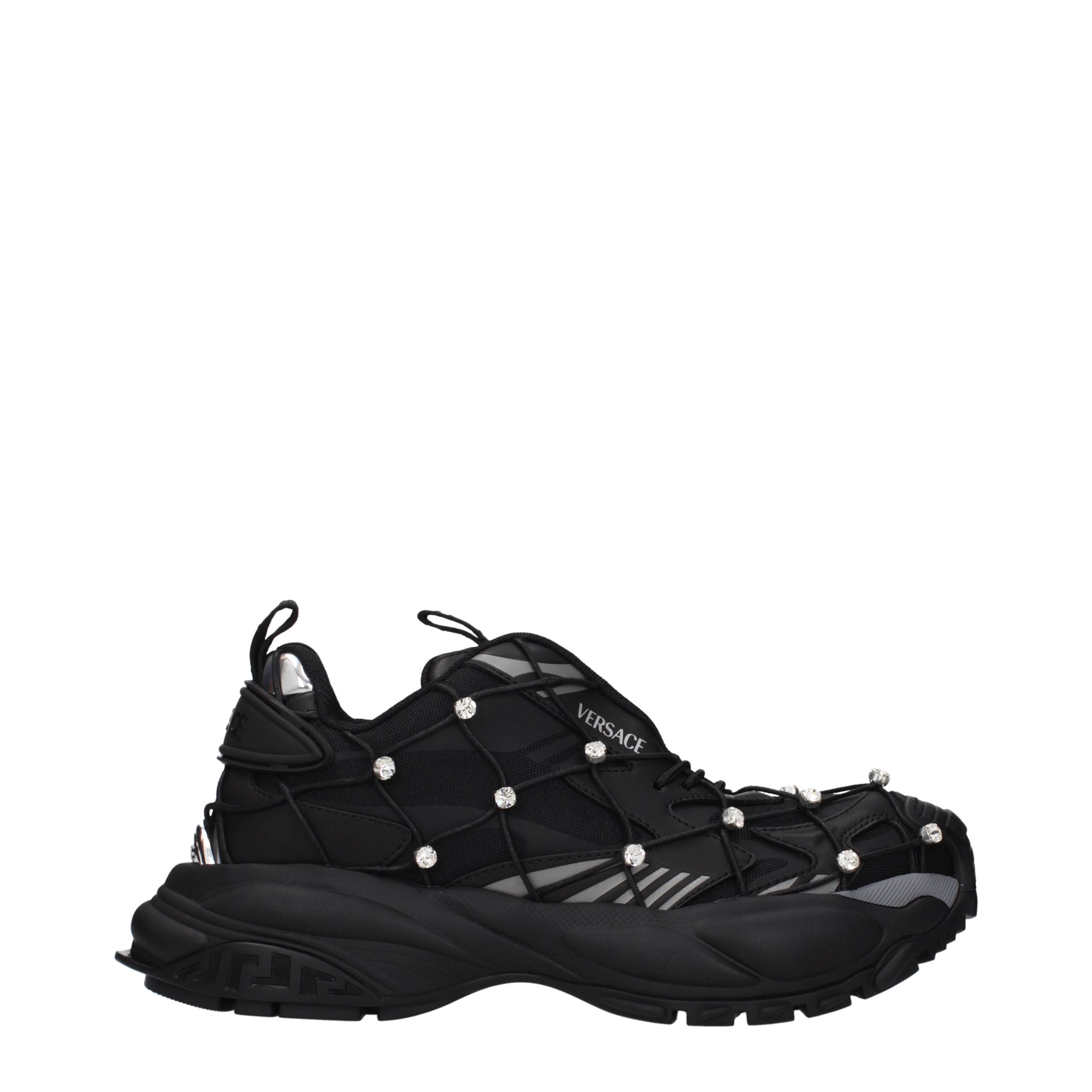 Versace – Sneakers en tissu noir avec logos et strass
