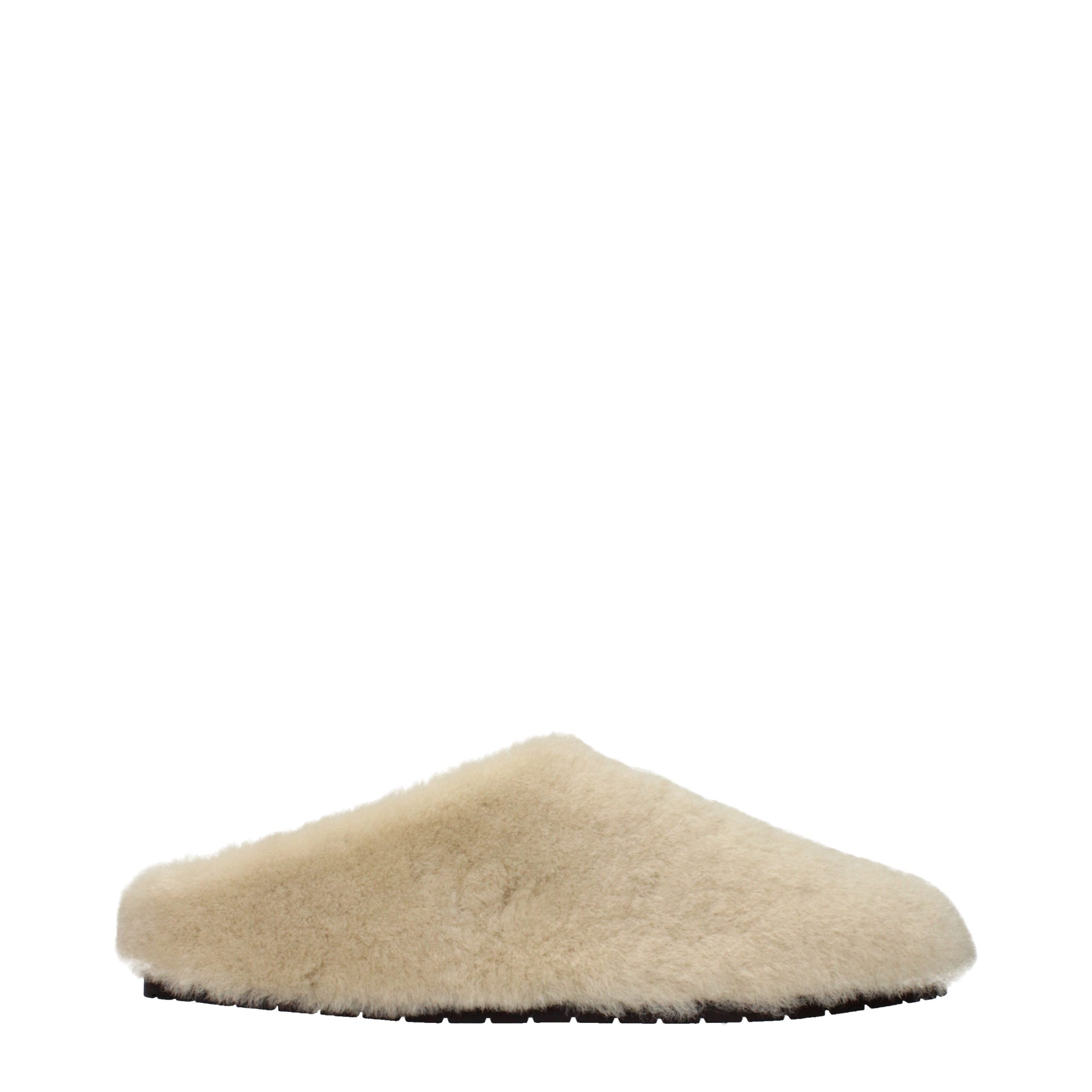 Prada – Slippers en fourrure beige avec logo frontal