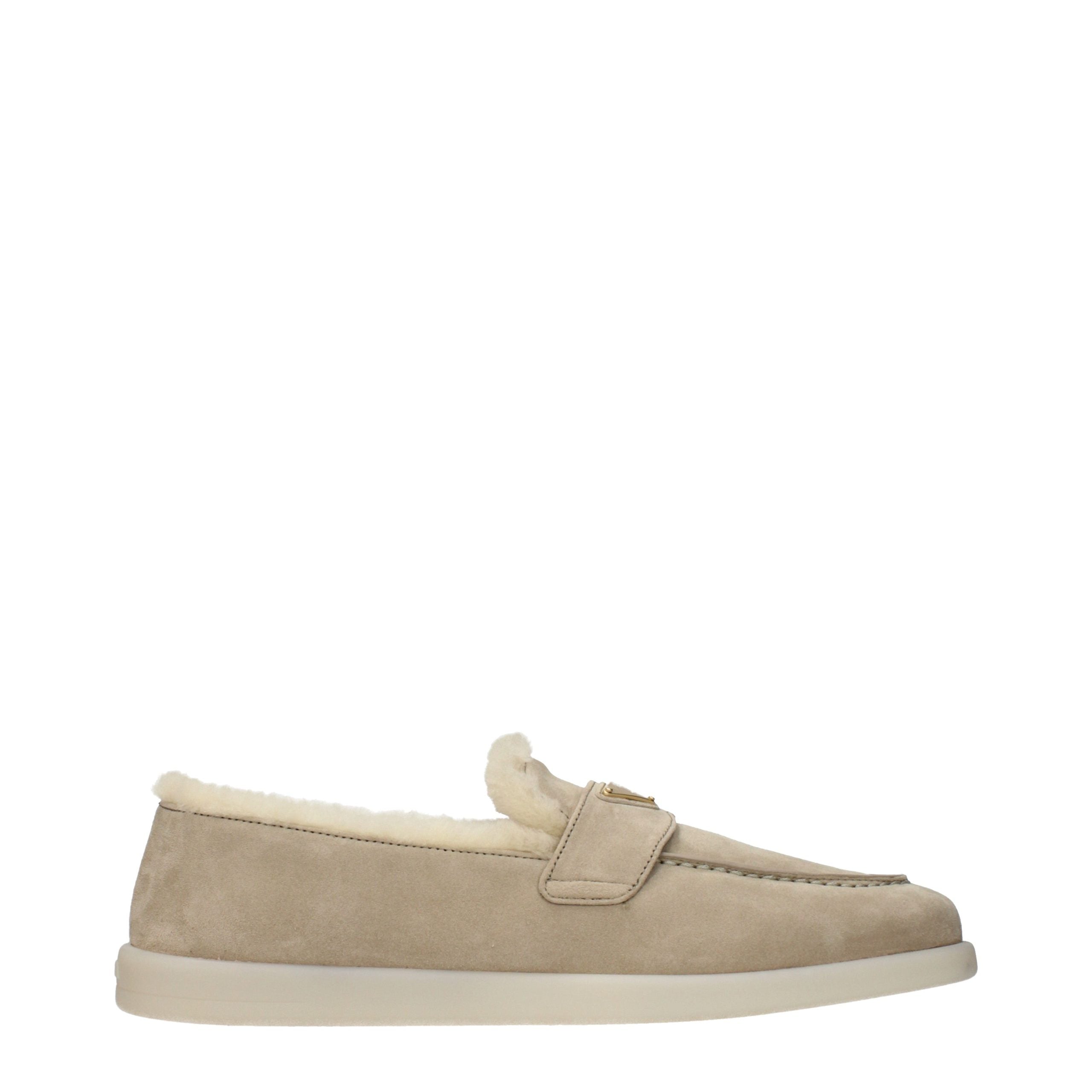 Prada – Loafers en suède beige doublés de fourrure