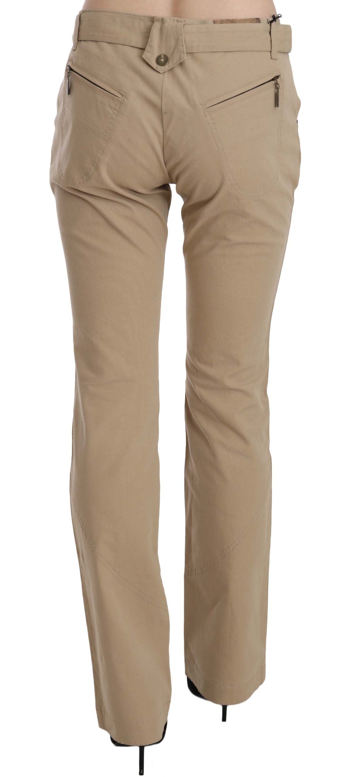 Beige Cotton Mid Waist Straight Trousers Pants