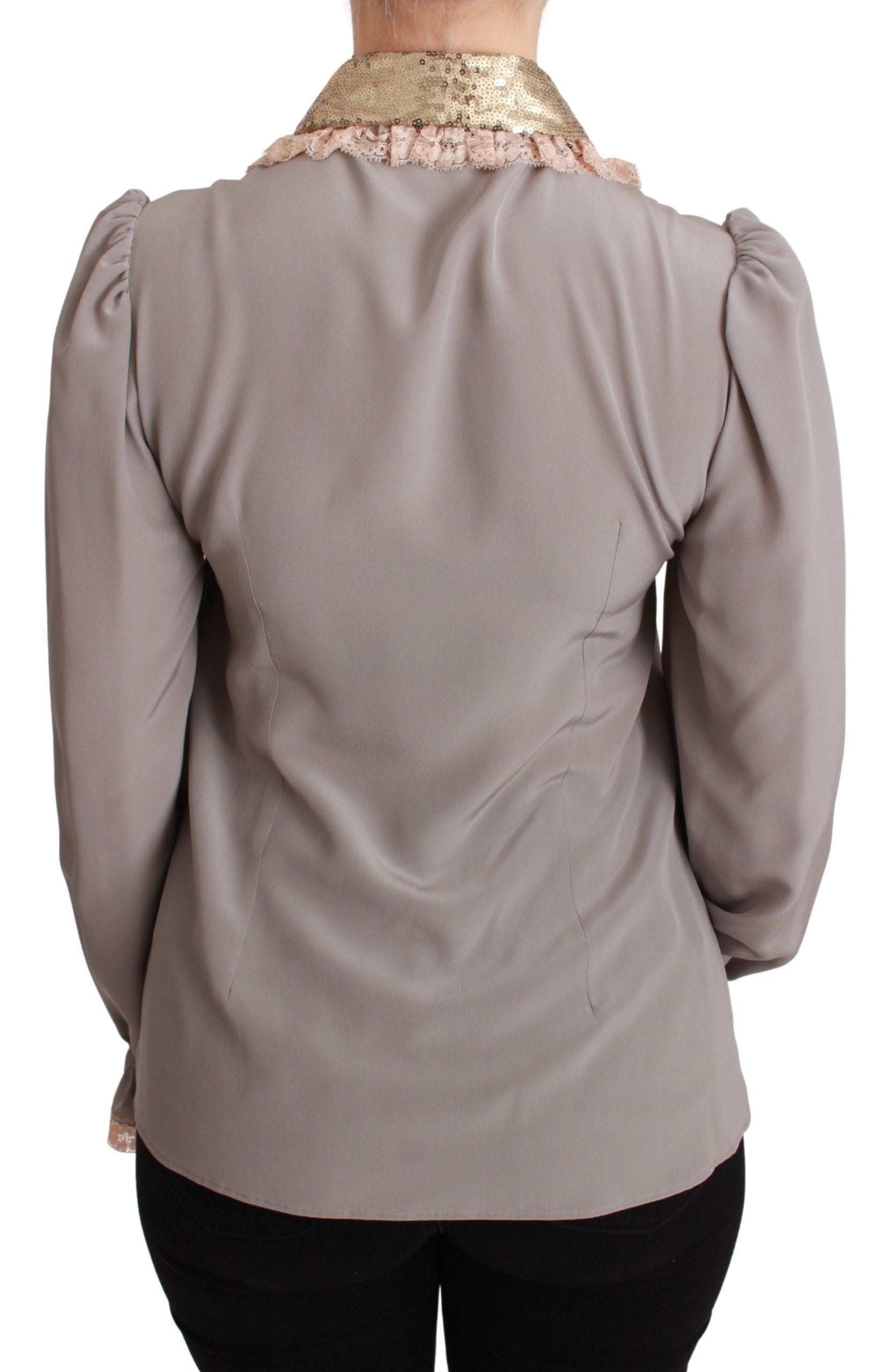 Gray Silk Gold Sequin Lace Blouse Shirt