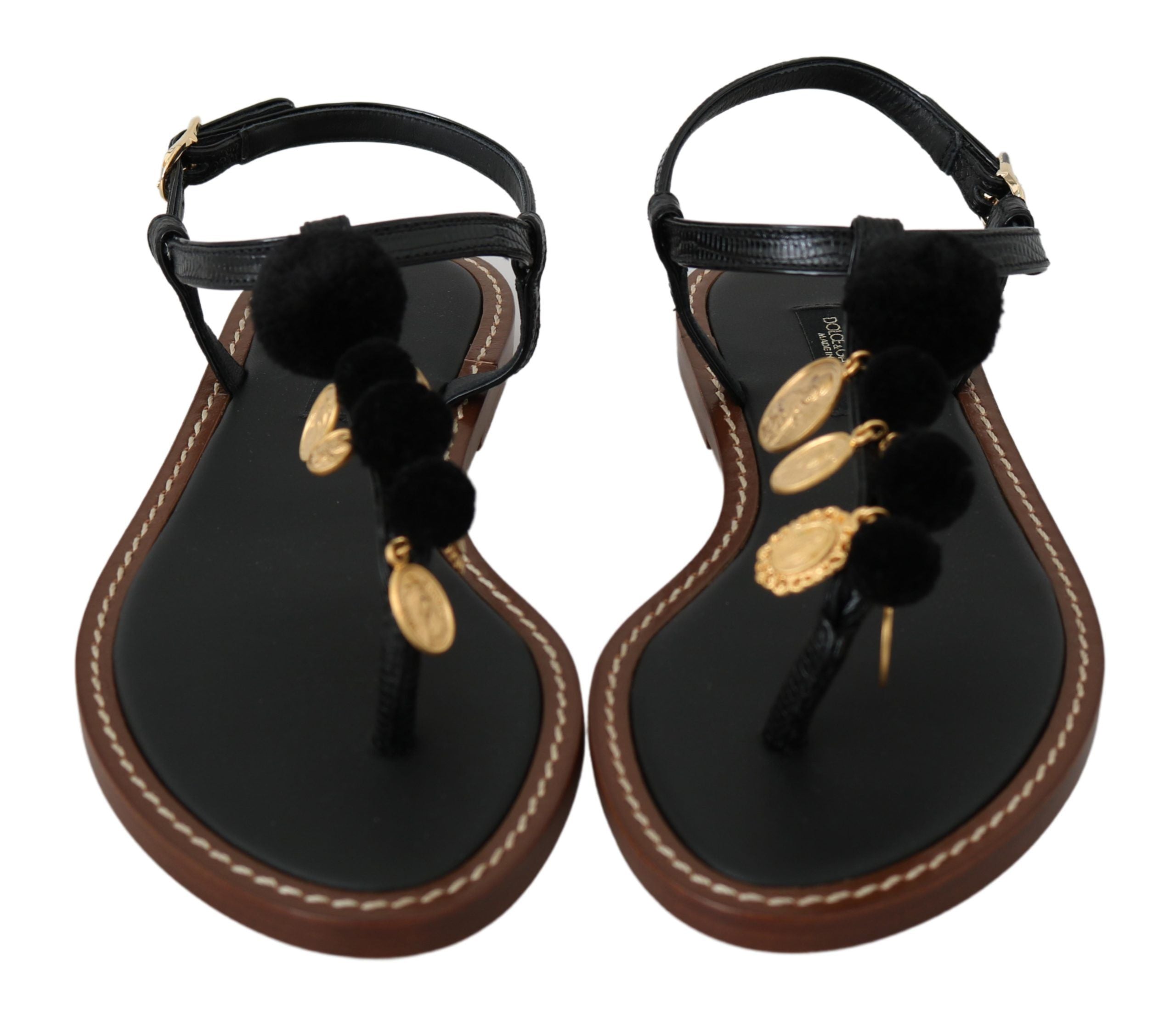 Black Leather Coins Flip Flops Sandals Shoes