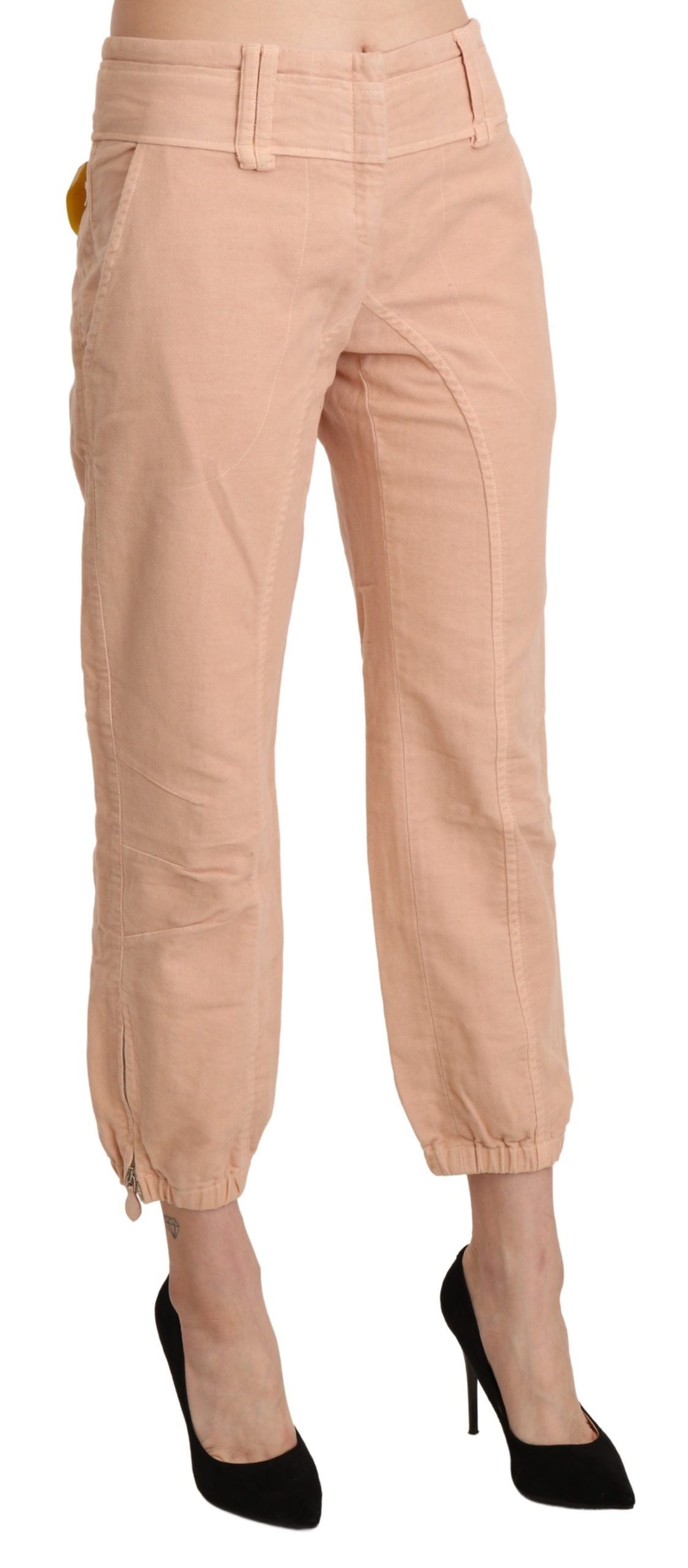Beige Mid Waist Cropped Cotton Trouser Pants