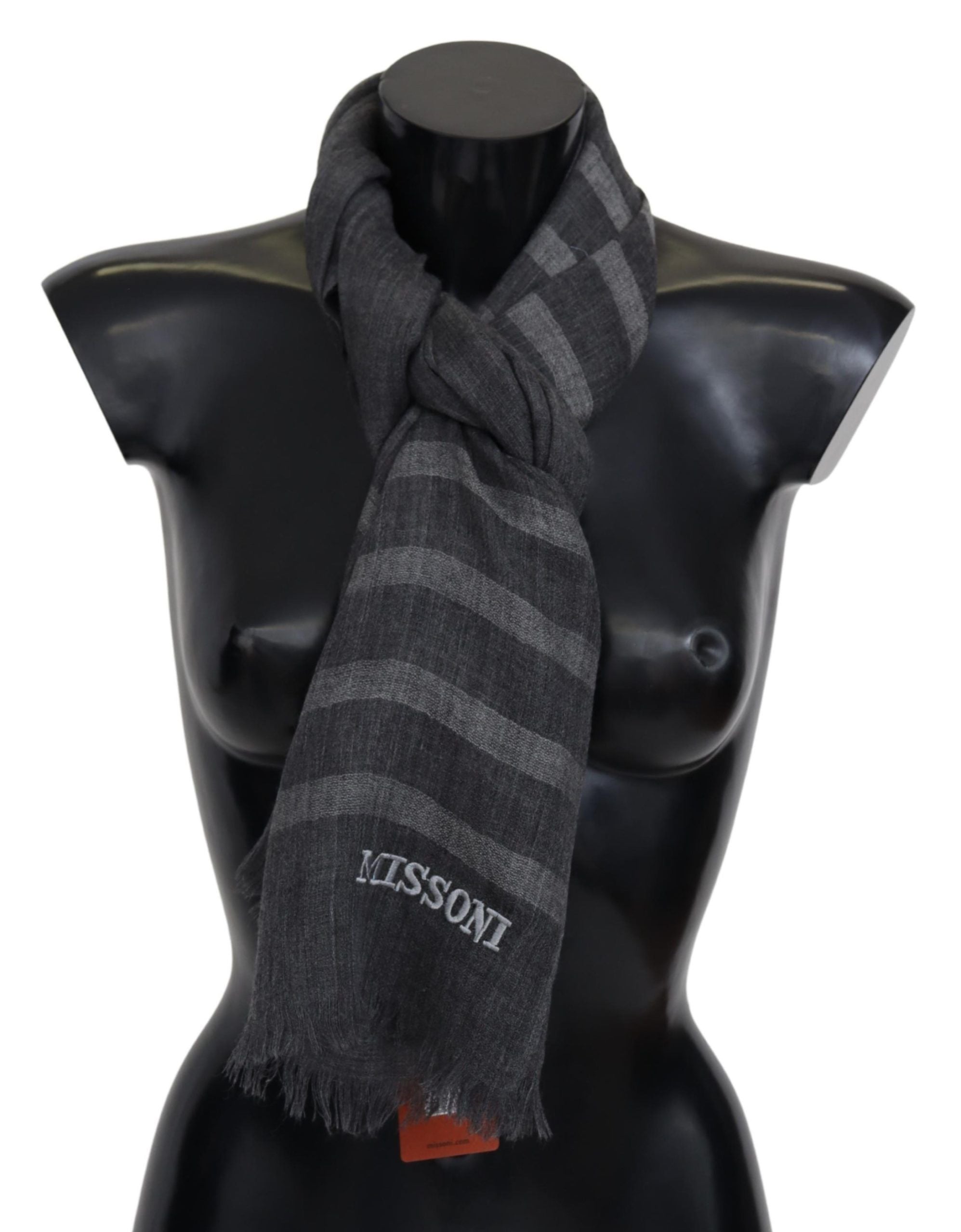 Gray Striped Wool Unisex Neck Wrap Fringes Scarf