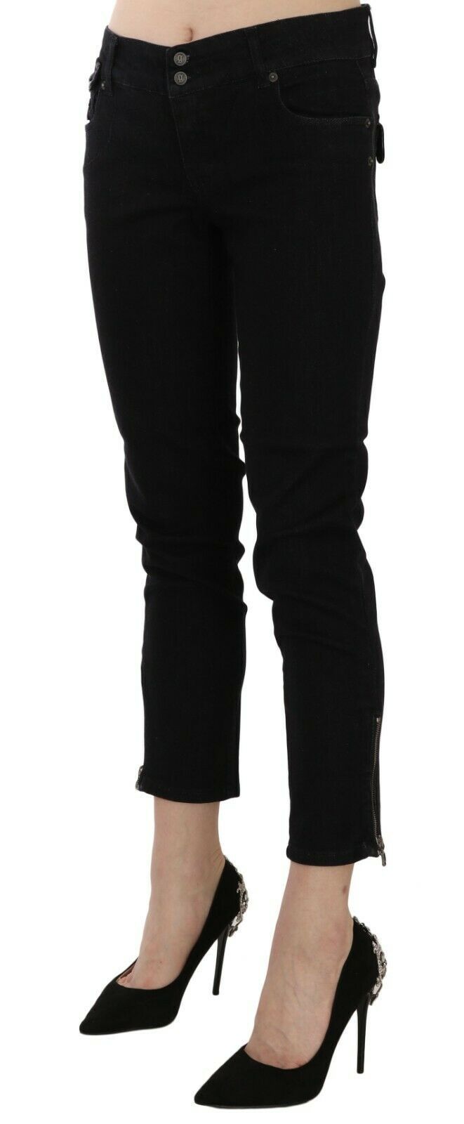 Black Mid Waist Cropped Cut Hem Denim Casual Pants
