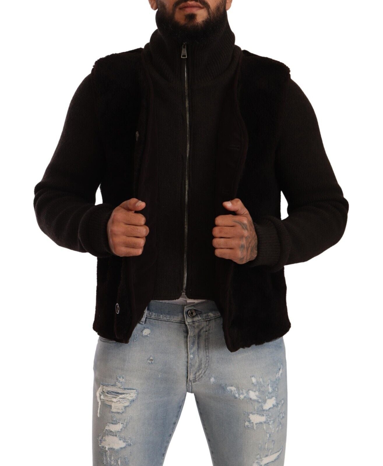 Black Leather Mens Turtle Neck Coat Jacket