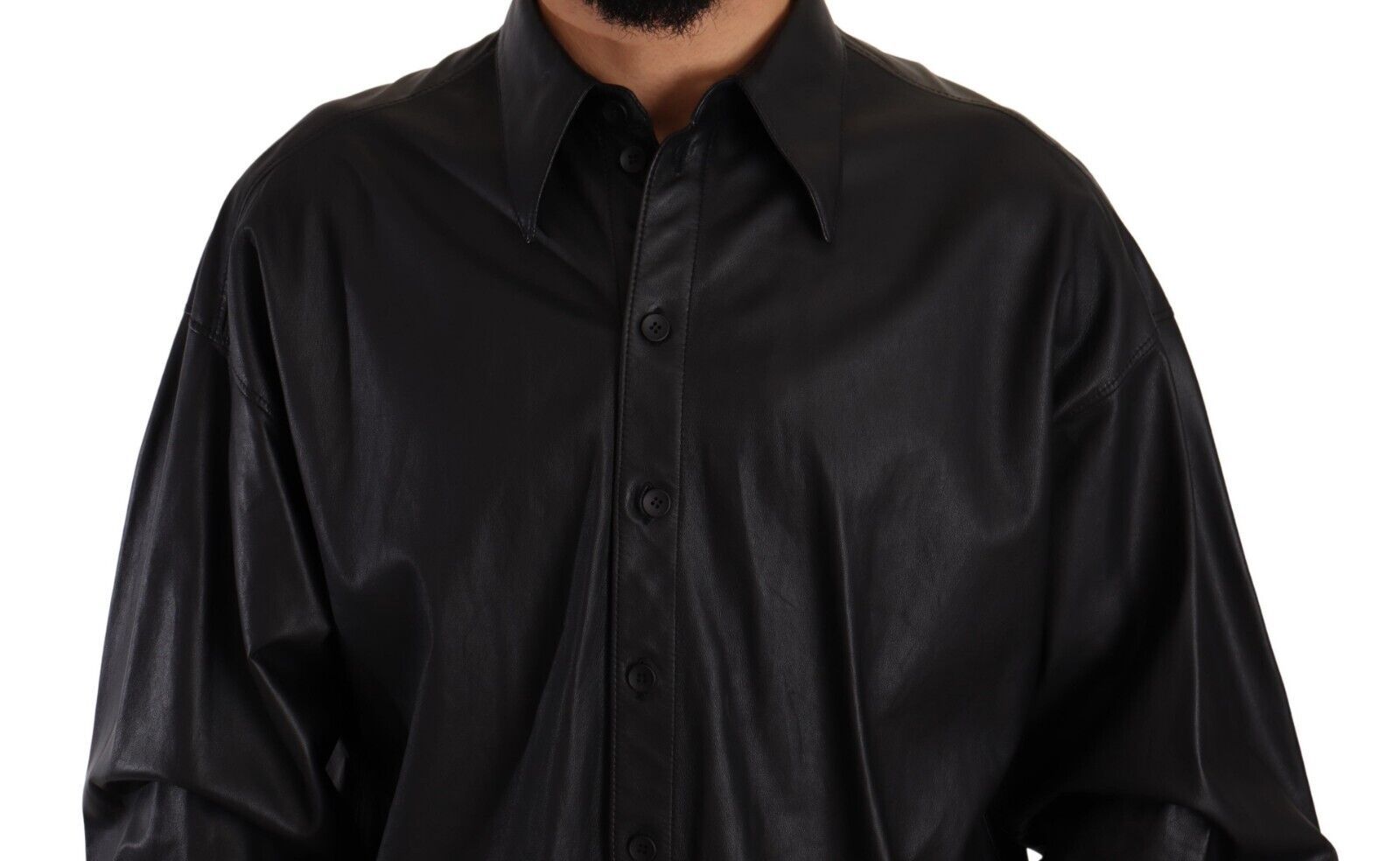 Black Leather Button Down Men Collared Jacket