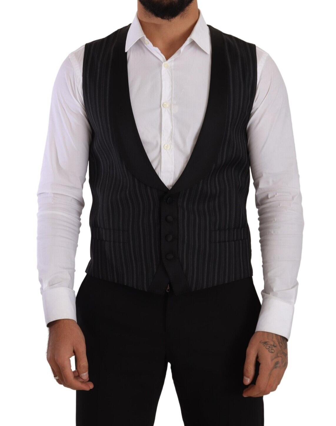 Black Striped Wool Silk Waistcoat Vest