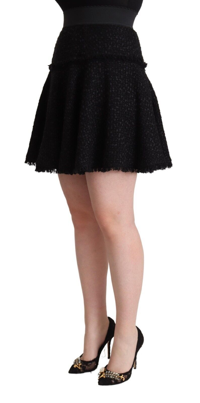 Black Knitted Nylon High Waist Mini A-line Skirt