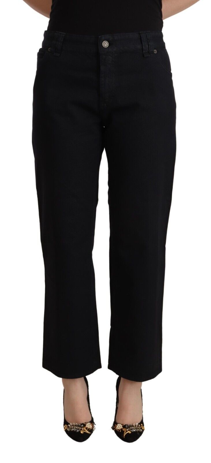 Black Cotton Flared Cropped High Waist Denim Jeans