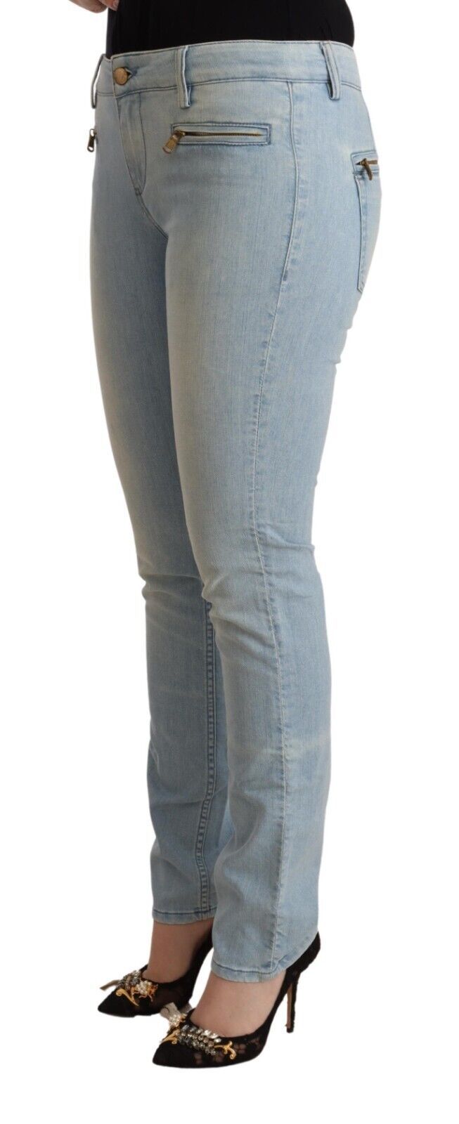 Light Blue Cotton Mid Waist Slim Fit Denim Jeans