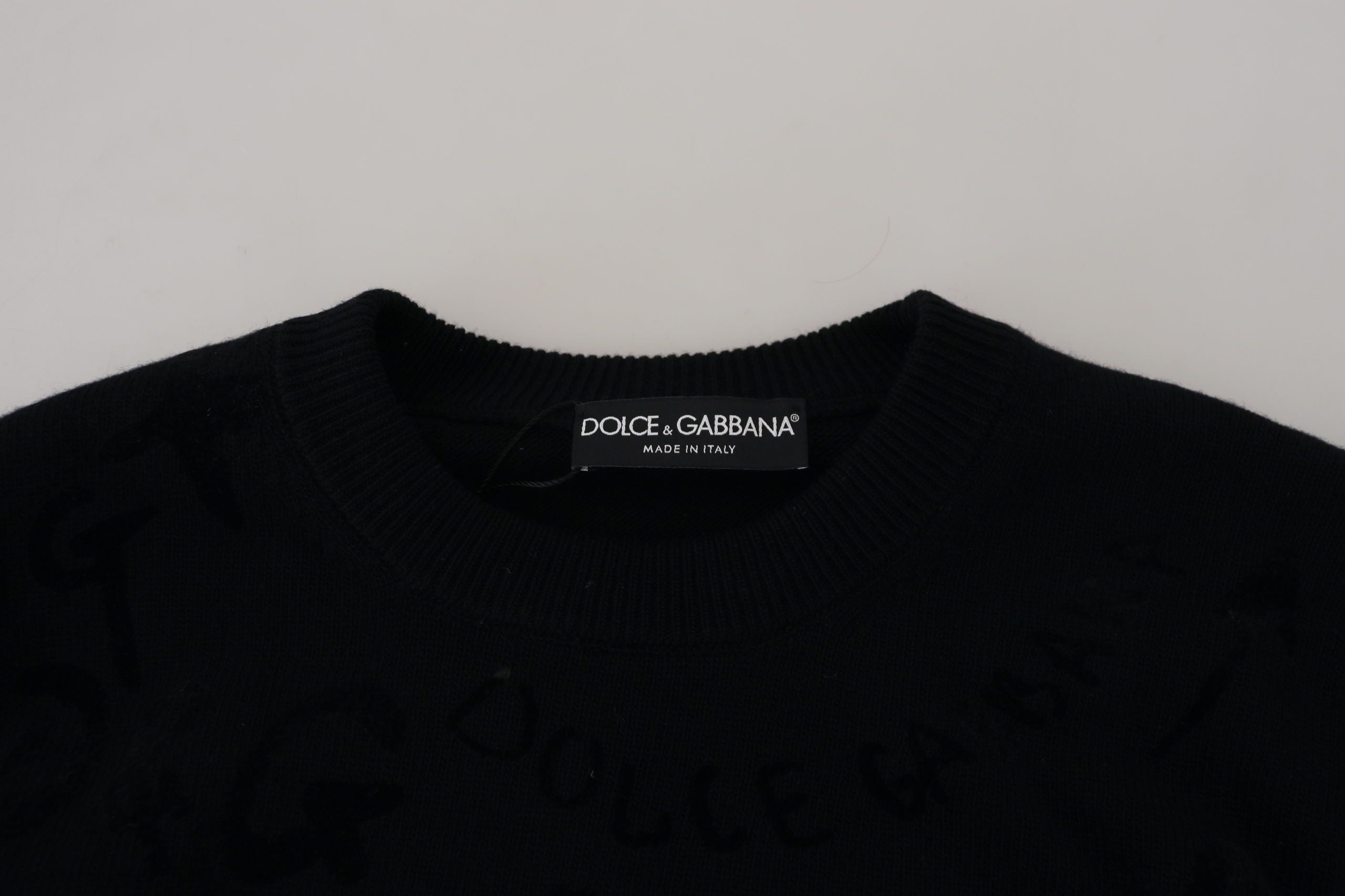 Black Wool Logo Pattern Crewneck Pullover Sweater