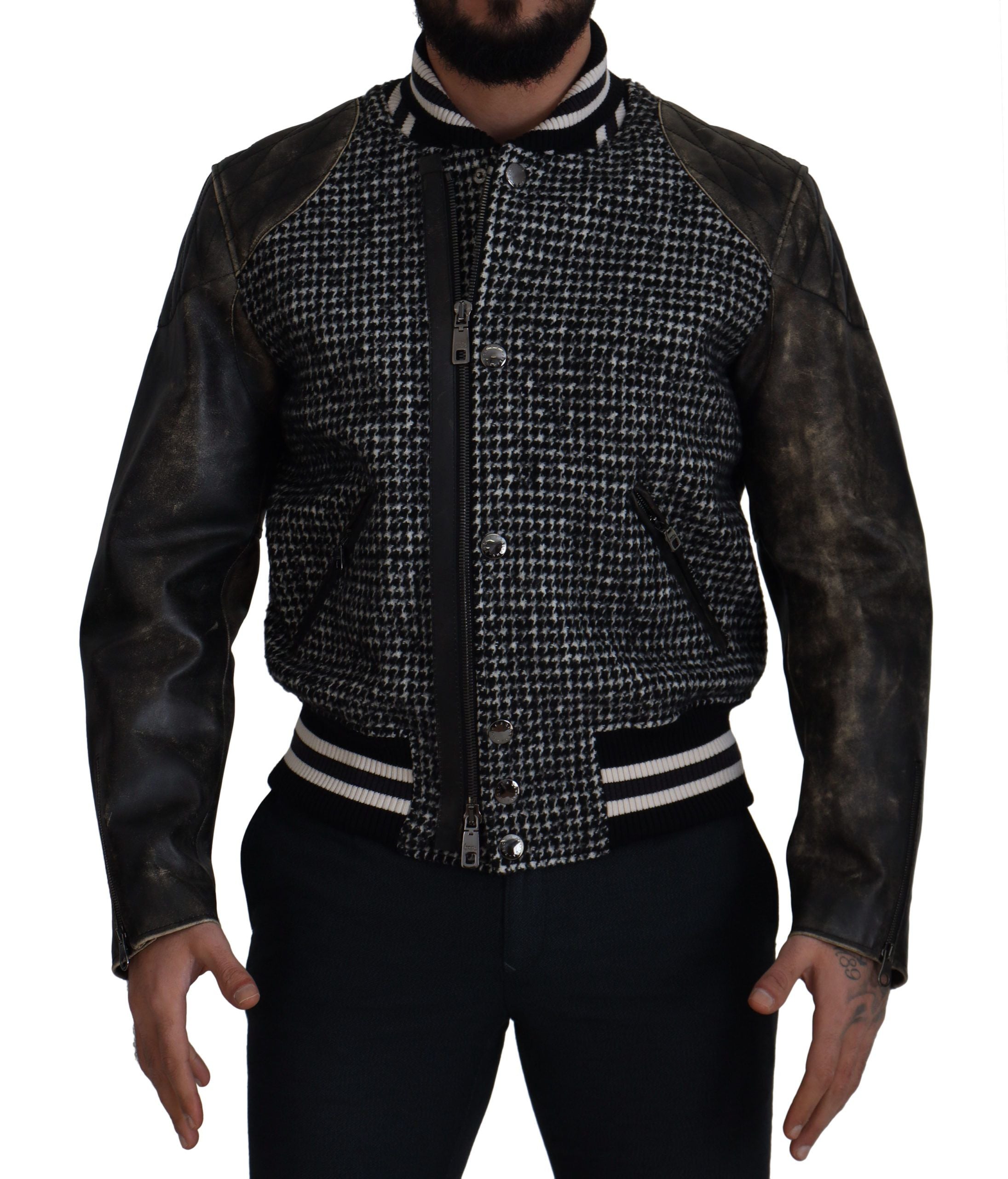 Black Houndstooth Polyester Bomber Jacket