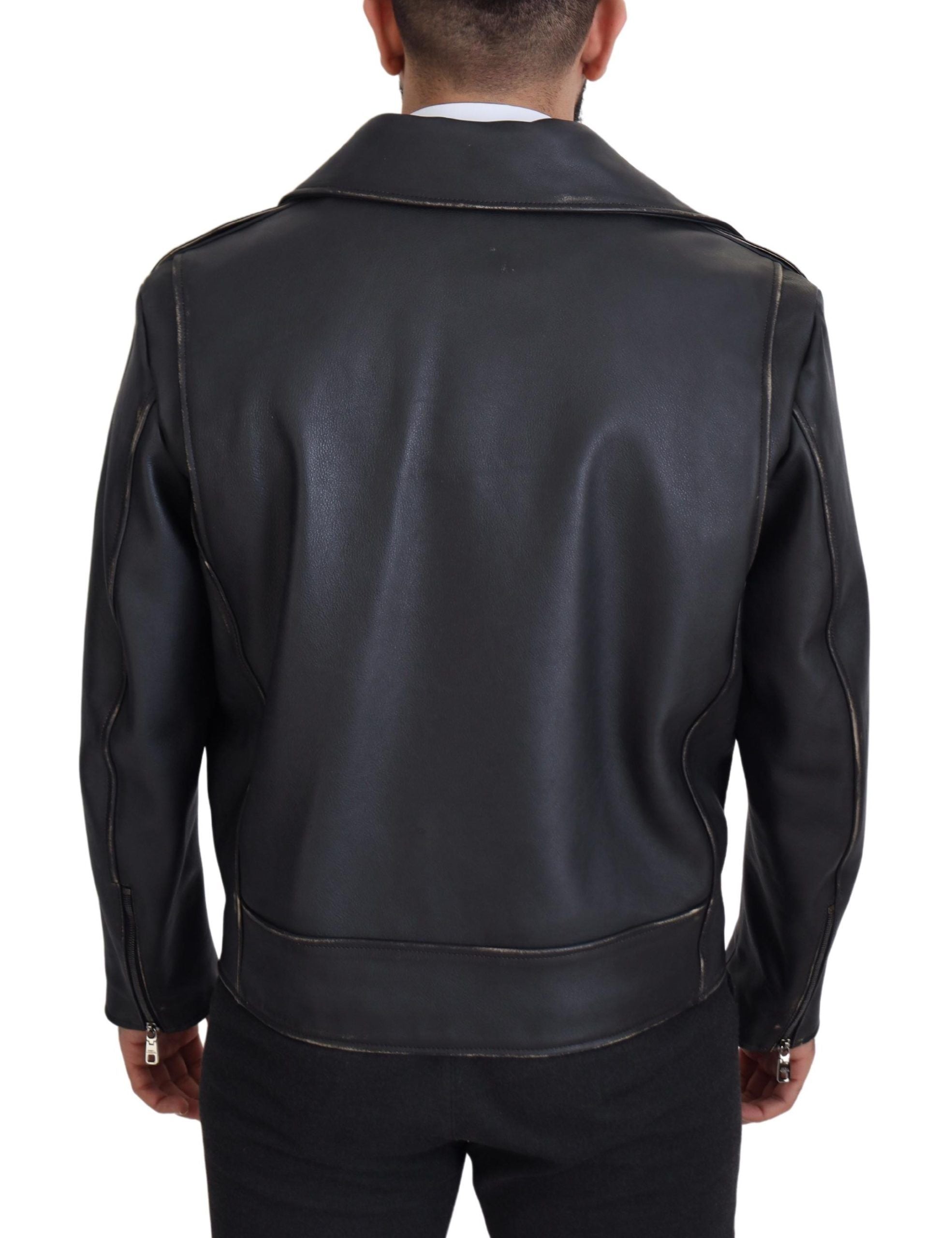 Black Leather Biker Coat Zipper Jacket