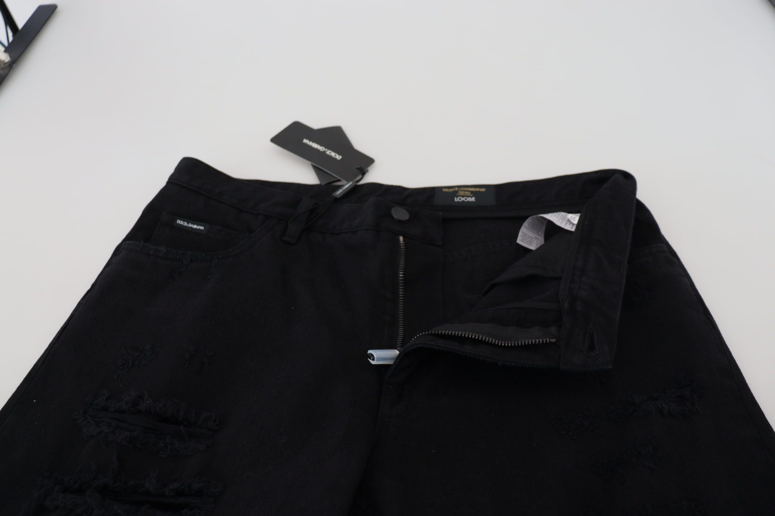 Black Loose Regular Torn Cotton Jeans