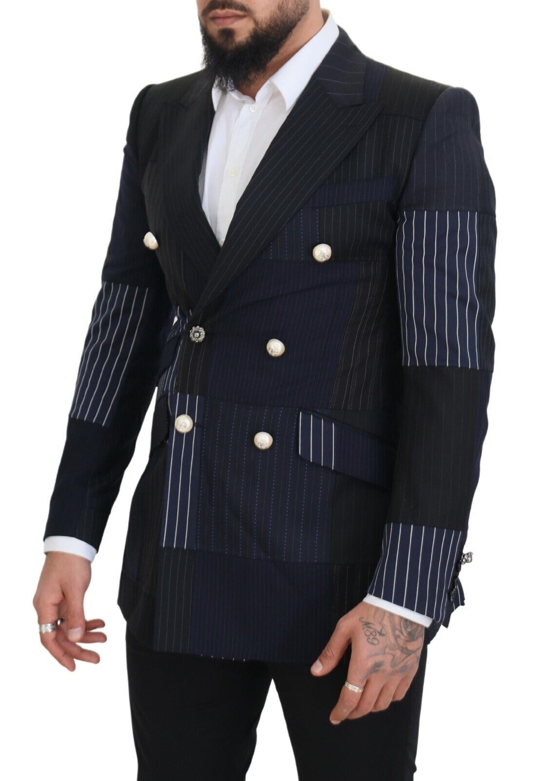 Blazer Croisé Bleu en Laine Patchwork