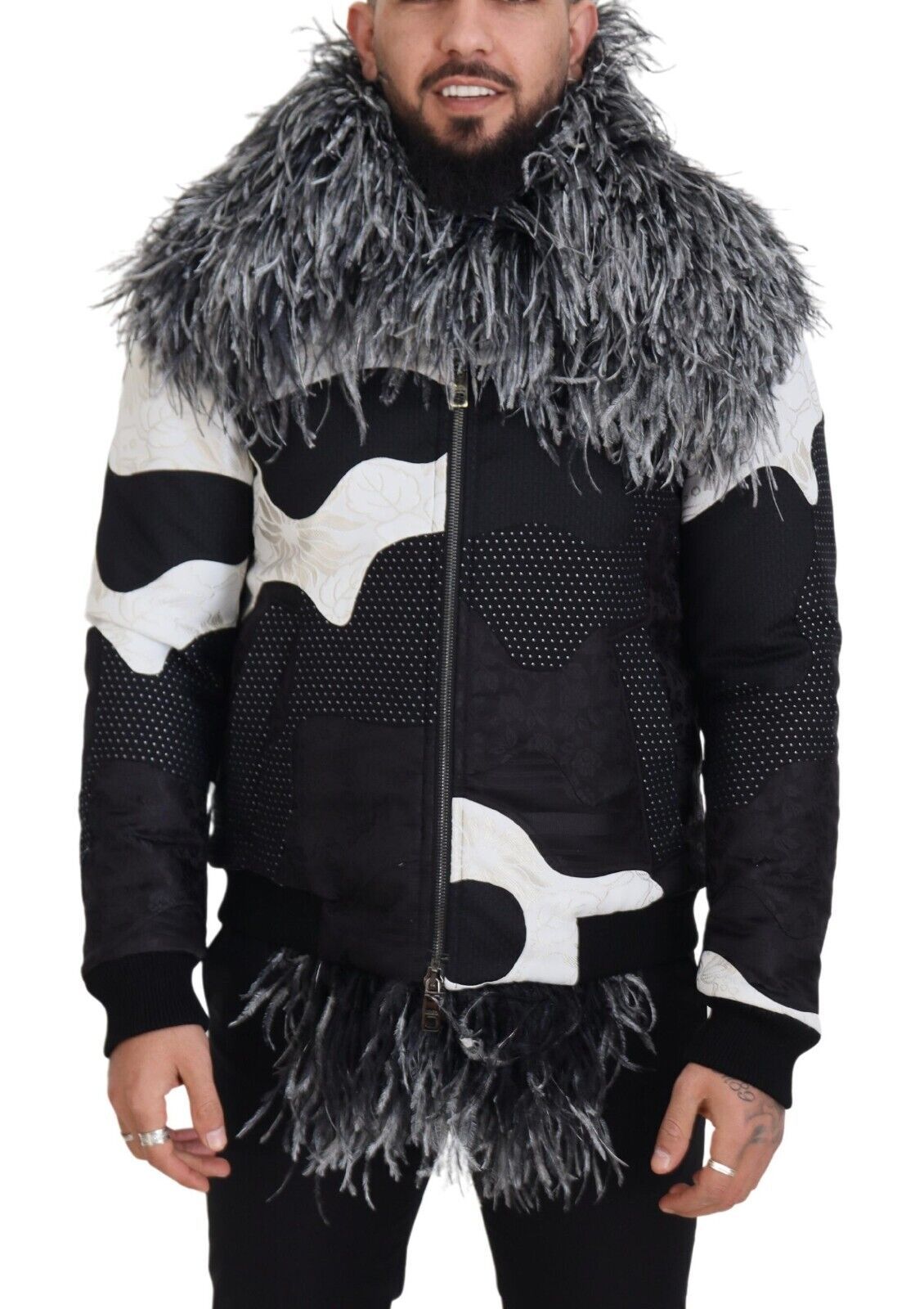 Veste Zippée Luxe Homme en Shearling Noir & Blanc