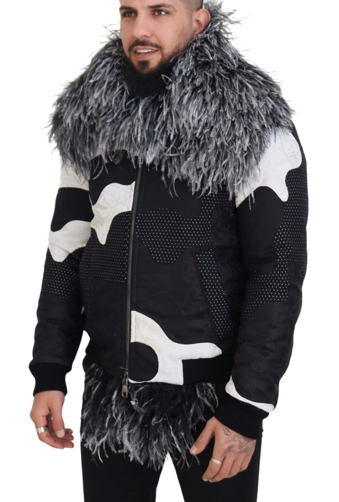 Veste Zippée Luxe Homme en Shearling Noir & Blanc