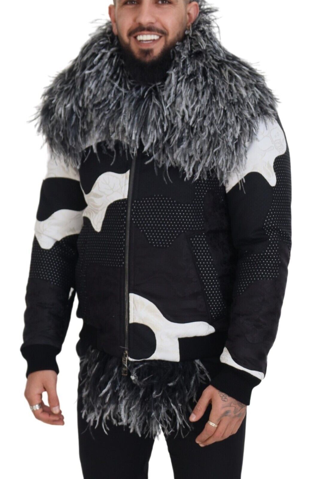 Veste Zippée Luxe Homme en Shearling Noir & Blanc