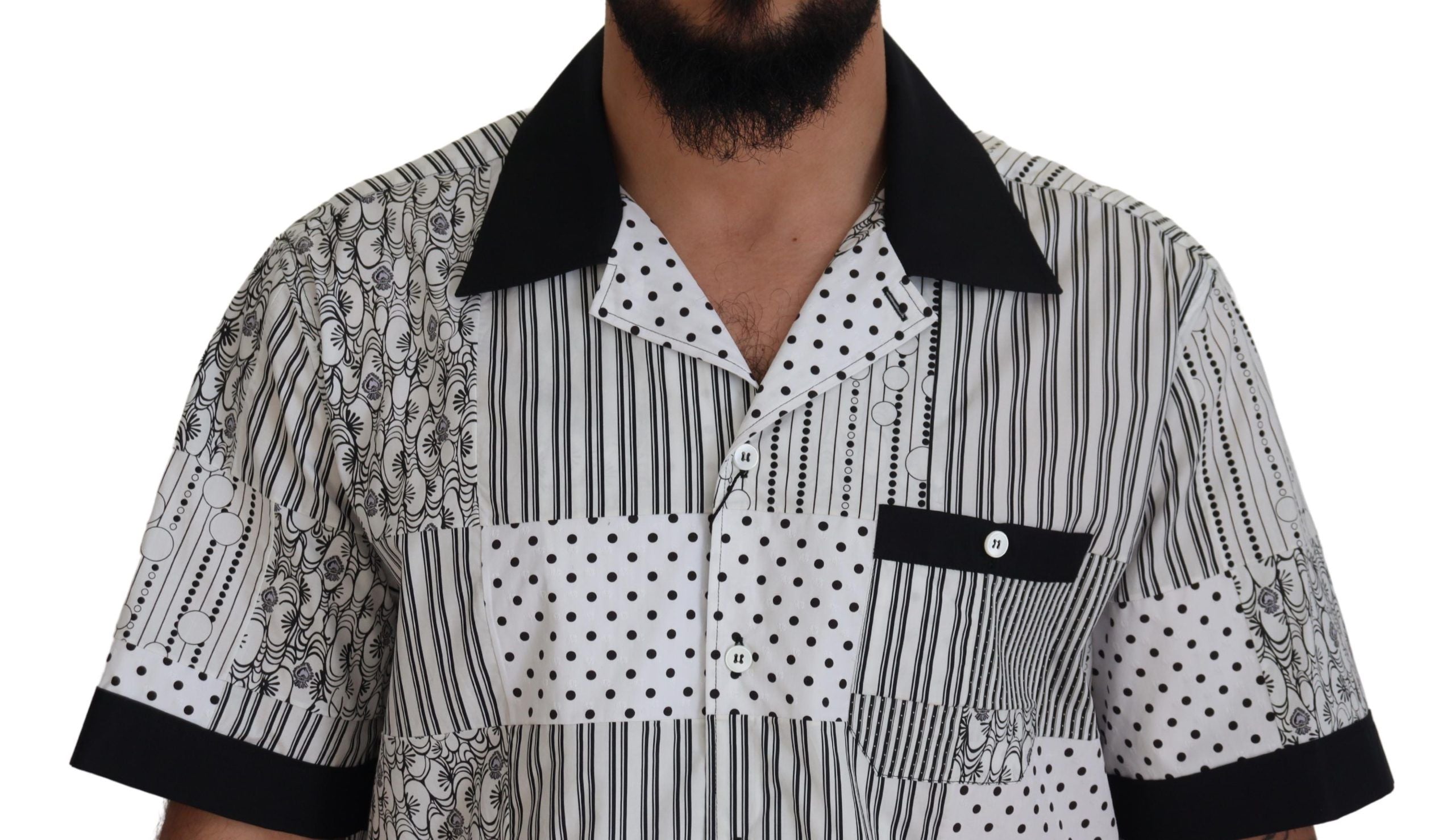Chemise Homme Boutonnée à Motifs Blanc et Noir en Coton